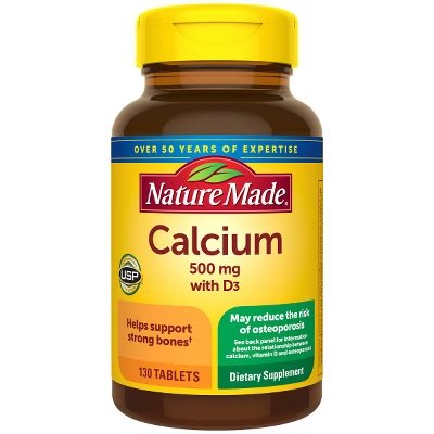 Nature Made Calcium 500 mg with Vitamin D3, Dietary Supplement for Bone Support, 130 Tablets