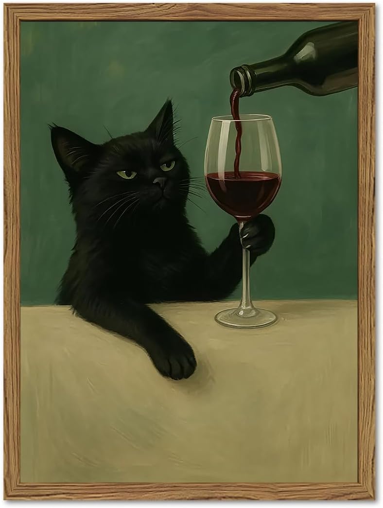 Funny Black Cat Wall Art: Moody Cat with Wine Glass, Bar Cart Poster, 12x16 in Wood Framed