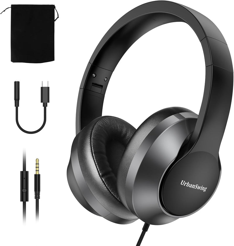 UrbanSwing W2 Wired Headphones with Mic, 3.5mm AUX & USB-C, for iPhone 17/16/15, iPad, Samsung