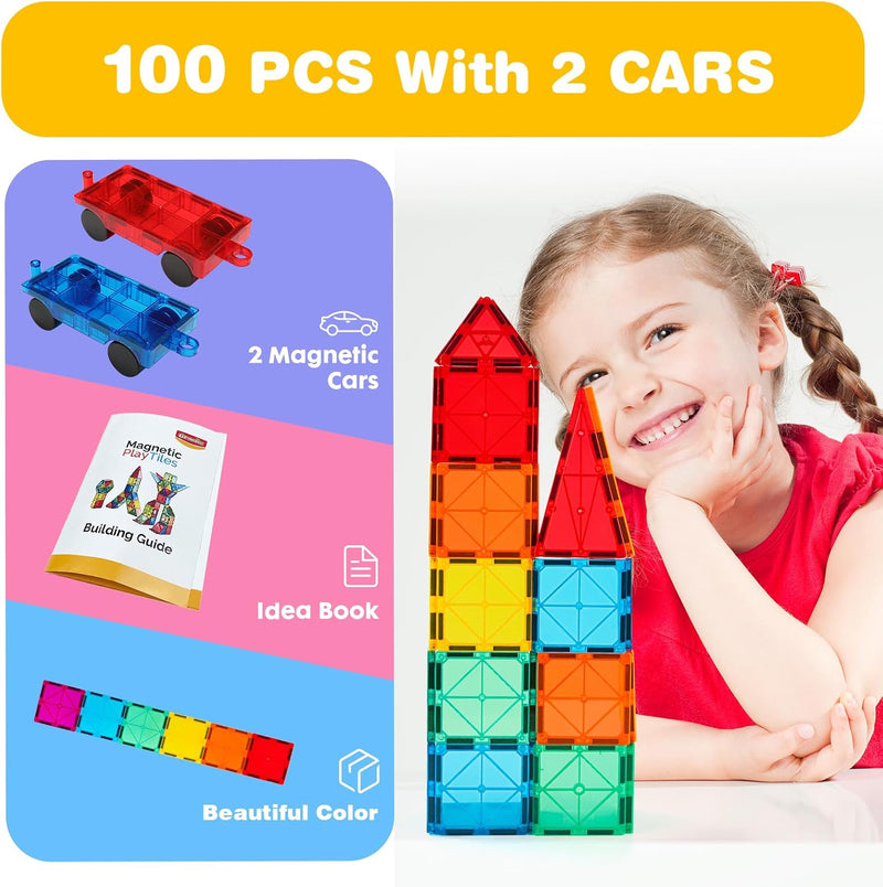Gemmicc 100-Pc Magnetic Tiles with 2 Cars, STEM-Approved Magnet Building Toys