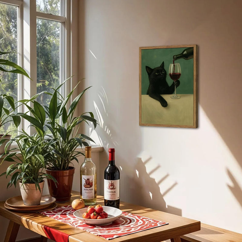 Funny Black Cat Wall Art: Moody Cat with Wine Glass, Bar Cart Poster, 12x16 in Wood Framed