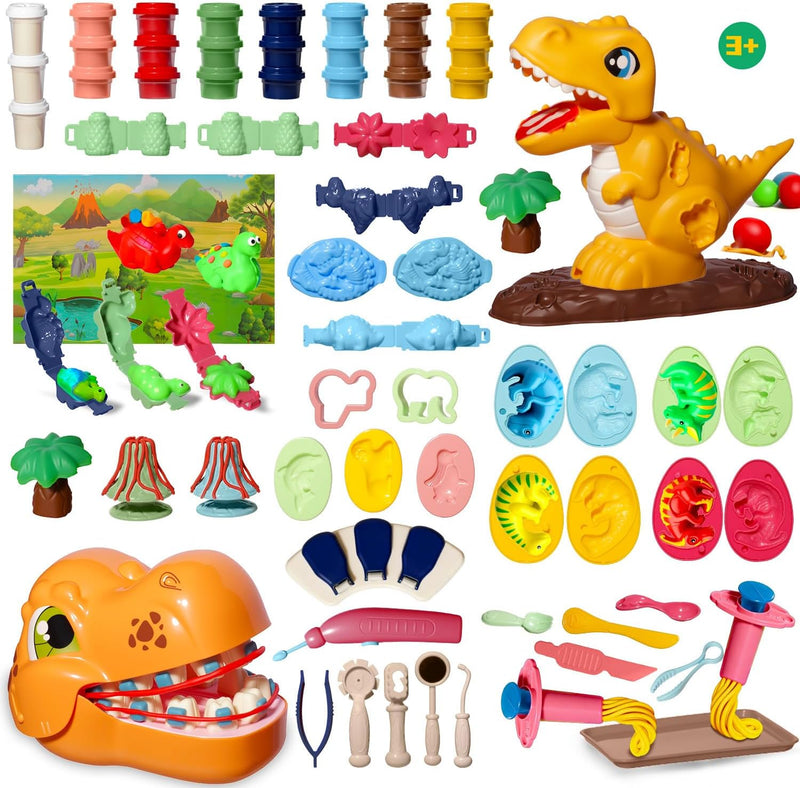 Merimon Dinosaur Color Dough Sets - 5 in 1, 73pcs, Ages 3+, Dino Dentist, T-Rex & Jungle Molds