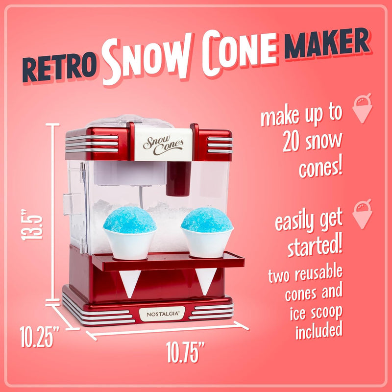 Nostalgia Snow Cone Shaved Ice Machine - Retro Table-Top Slushie - 20 Treats - Retro Red