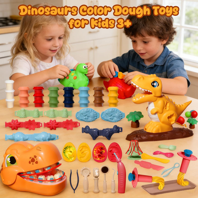 Merimon Dinosaur Color Dough Sets - 5 in 1, 73pcs, Ages 3+, Dino Dentist, T-Rex & Jungle Molds