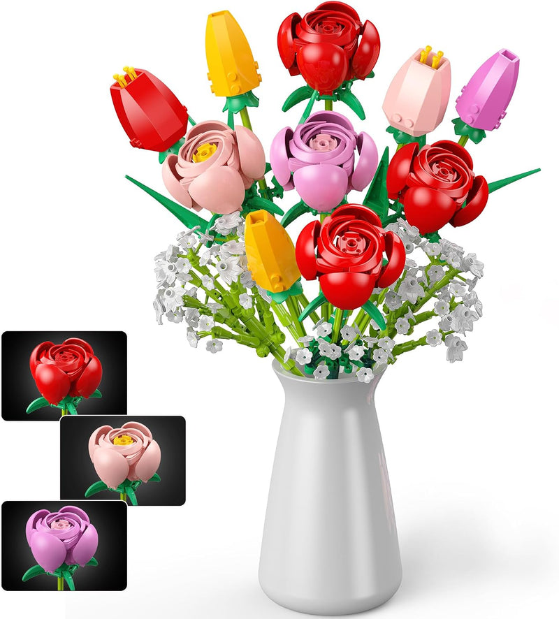 Flower Bouquet Building Set, 680PCS Tulip & Rose Block Kit for Ages 6+, Florals for Home Decor