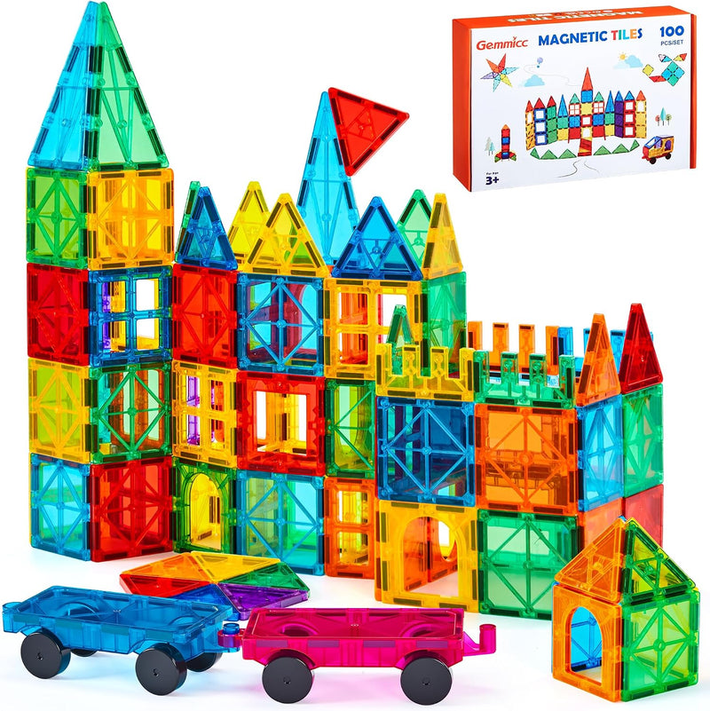 Gemmicc 100-Pc Magnetic Tiles with 2 Cars, STEM-Approved Magnet Building Toys
