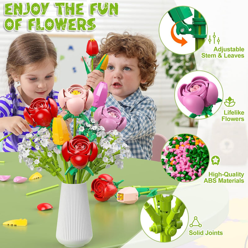 Flower Bouquet Building Set, 680PCS Tulip & Rose Block Kit for Ages 6+, Florals for Home Decor