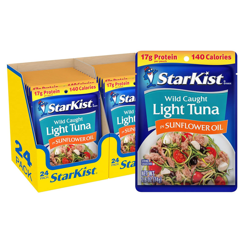 StarKist Wild Caught Light Tuna in Sunflower Oil, 2.6oz Pouch, 24-Pack | 17g Protein Per Serving, Ready to Eat, Shelf Stable Seafood, Gluten Free, Soy Free, No Draining for Salads, Sandwiches