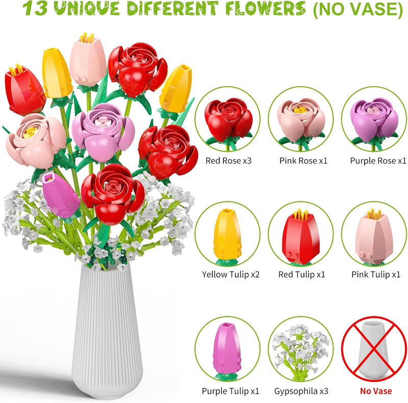 Flower Bouquet Building Set, 680PCS Tulip & Rose Block Kit for Ages 6+, Florals for Home Decor