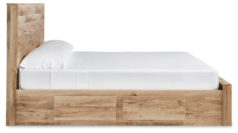 Hyanna King Panel Storage Bed with 1 Side Storage, Dresser and Mirror
