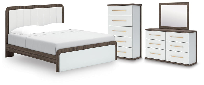 Kendanport King Upholstered Bed, Dresser, Mirror and Chest