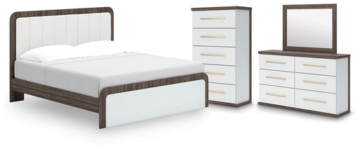Kendanport King Upholstered Bed, Dresser, Mirror and Chest