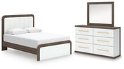 Kendanport Queen Upholstered Platform Bed, Dresser and Mirror