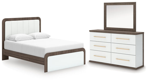 Kendanport Queen Upholstered Platform Bed, Dresser and Mirror