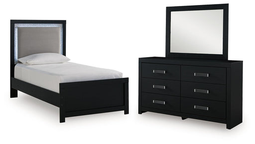 Maeling Twin Upholstered Panel Bed, Dresser and Mirror