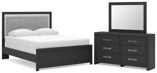 Maeling Queen Upholstered Panel Bed, Dresser and Mirror