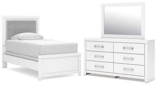 Maeling Twin Upholstered Panel Bed, Dresser and Mirror