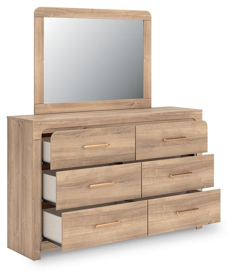 Kinlanni King Upholstered Panel Bed, Dresser, Mirror and Nightstand