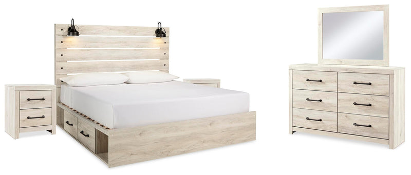 Cambeck King Panel Bed with 2 Side Storage, Dresser, Mirror, and Nightstand