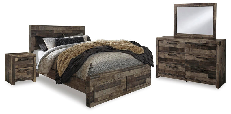 Derekson Queen Panel Storage Bed with Mirrored Dresser and Nightstand
