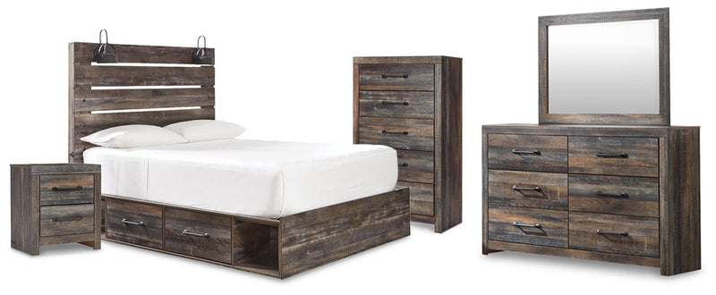 Drystan Queen Panel Storage Bed, Dresser, Mirror, Chest and Nightstand