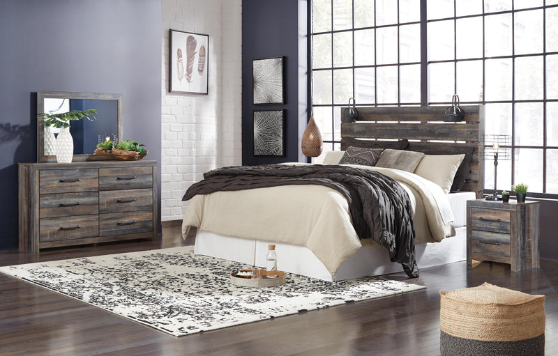 Drystan King Panel Headboard with Metal Frame, Dresser, Mirror, and Nightstand