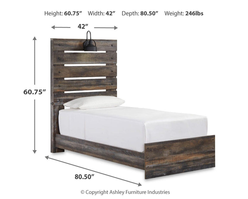Drystan Twin Panel Bed with Storage, Dresser, Mirror and Chest