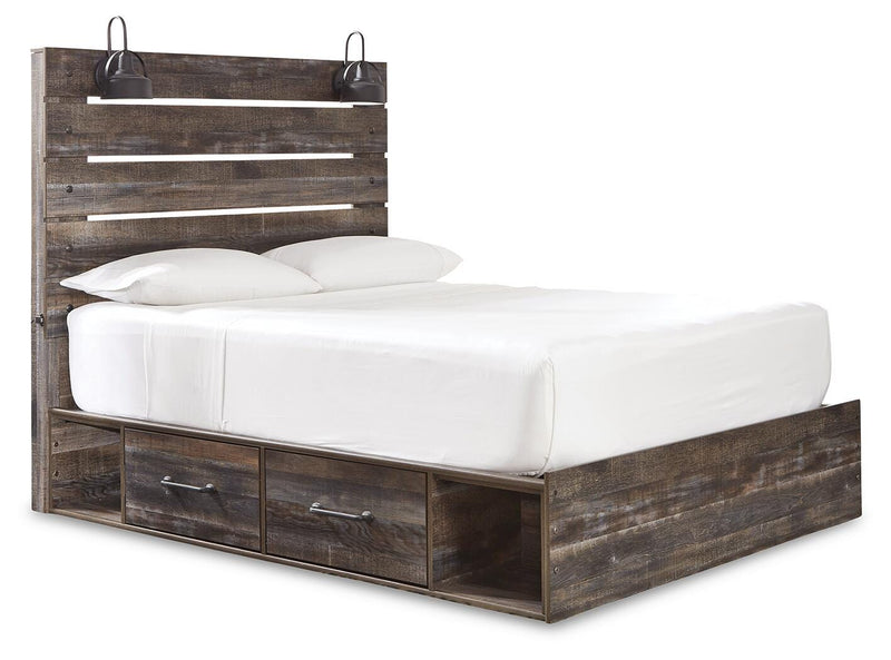 Drystan Queen Panel Bed with Storage, Dresser, Mirror and Chest