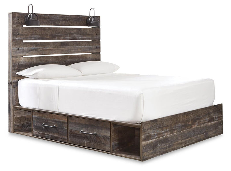 Drystan Queen Panel Bed with Storage, Dresser and Mirror