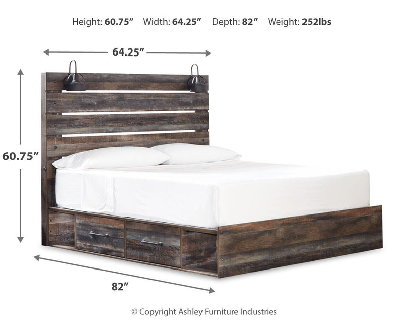 Drystan King Panel Bed with Storage, Dresser, Mirror and Nightstand
