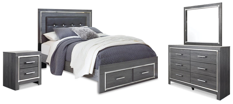 Lodanna Queen Upholstered Panel Storage Bed, Dresser, Mirror, and Nightstand