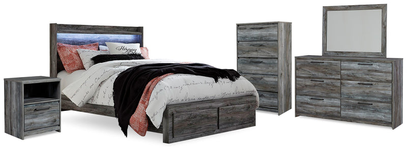 Baystorm Queen Panel Storage Bed, Dresser, Mirror, Chest and Nightstand