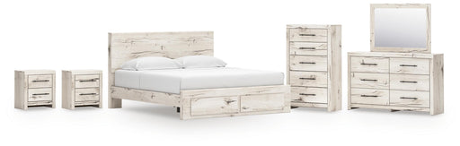 Lawroy King Panel Storage Bed, Dresser, Mirror, Chest and 2 Nightstands