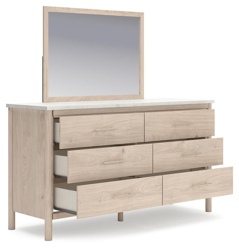 Cadmori Queen Upholstered Panel Bed, Dresser and Mirror