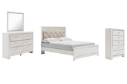 Altyra Queen Upholstered Panel Bed, Dresser, Mirror, and Chest