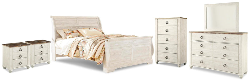 Willowton King Sleigh Bed, Dresser, Mirror, Chest and 2 Nightstands