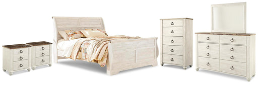 Willowton King Sleigh Bed, Dresser, Mirror, Chest and 2 Nightstands