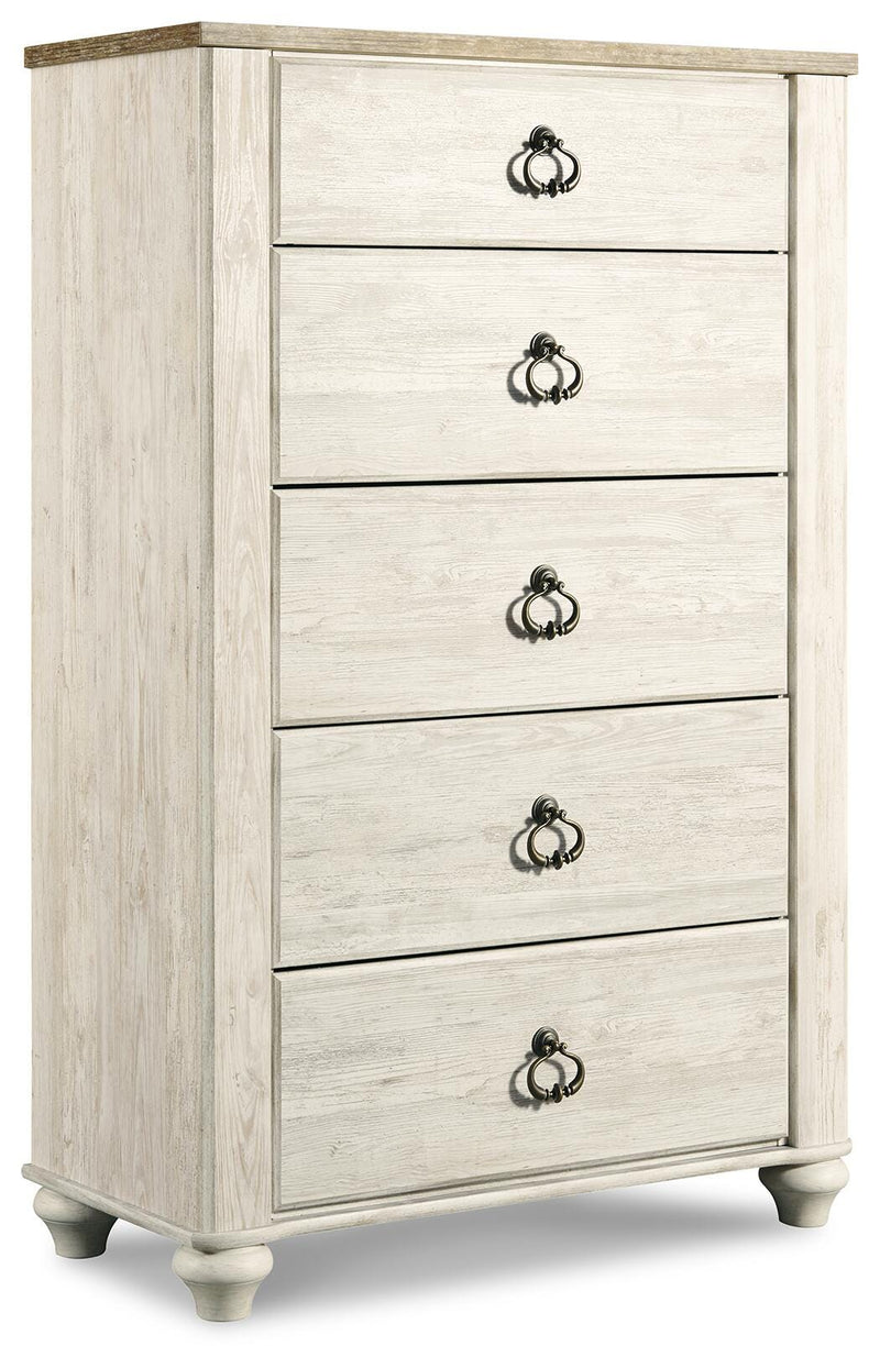 Willowton Twin Bed with Storage, Dresser, Mirror, Chest and Nightstand