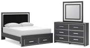 Zuraleus Queen Upholstered Panel Platform Storage Bed, Dresser and Mirror
