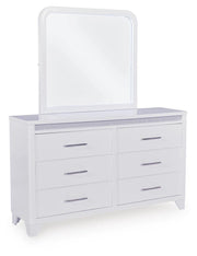 Jarlee Queen Upholstered Panel Bed, Dresser and Mirror