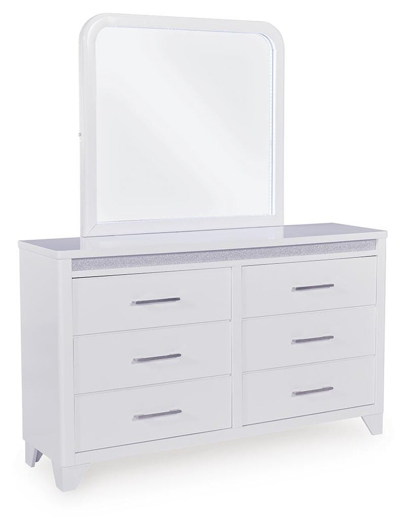 Jarlee Queen Upholstered Panel Bed, Dresser and Mirror