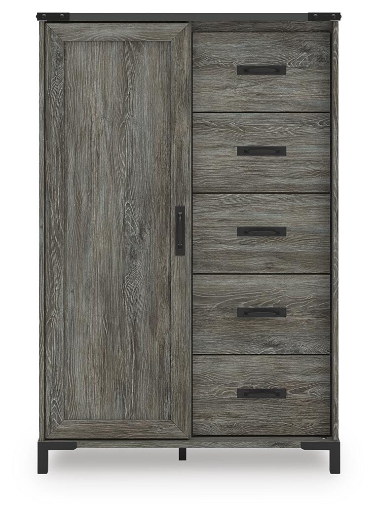 Frandern Full Bookcase Panel Bed with Storage, Dresser, Mirror and Chest