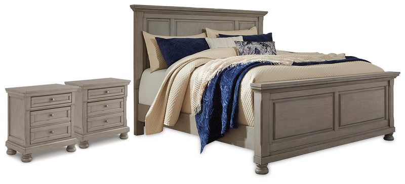 Lettner California King Panel Bed and 2 Nightstands