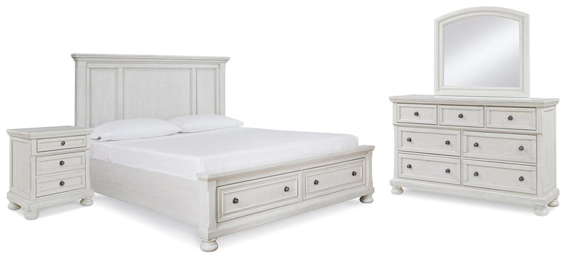 Robbinsdale Queen Storage Bed, Dresser, Mirror and Nightstand