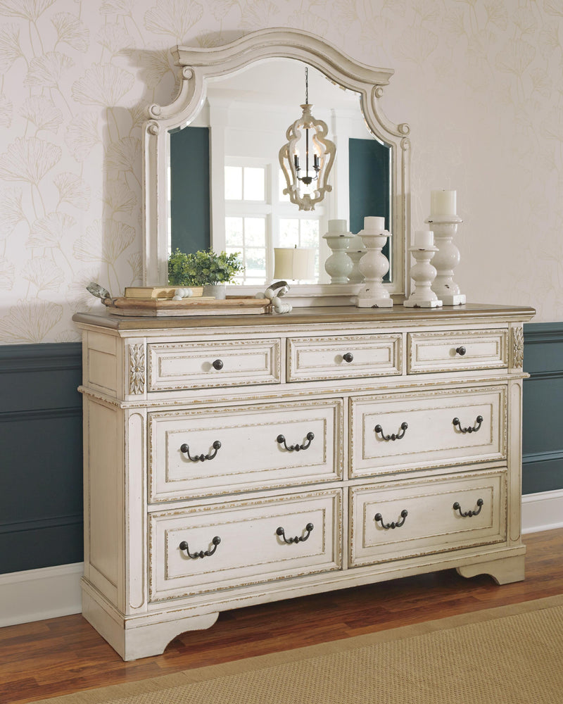 Realyn King Upholstered Panel Bed, Dresser and Mirror