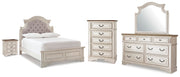 Realyn Full Upholstered Panel Bed, Dresser, Mirror, Chest and Nightstand