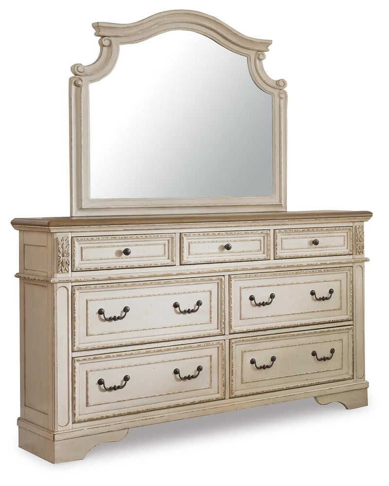 Realyn King Upholstered Panel Bed, Dresser and Mirror