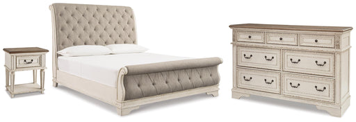 Realyn King Upholstered Sleigh Bed, Dresser and Nightstand