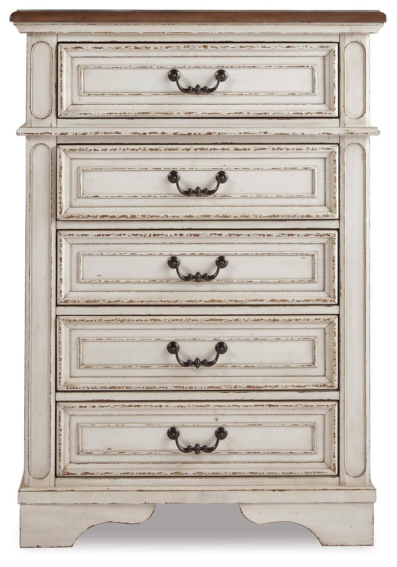 Realyn Full Upholstered Panel Bed, Dresser, Mirror, Chest and 2 Nightstands