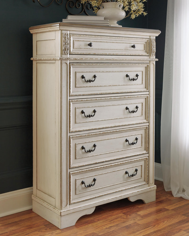 Realyn King Panel Upholstered Bed, Dresser, Mirror and Chest